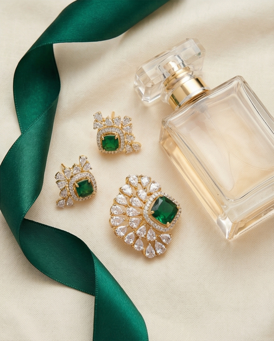 SST 578 | EMERALD GREEN STATEMENT JEWELRY SET WITH DIAMOND HALO