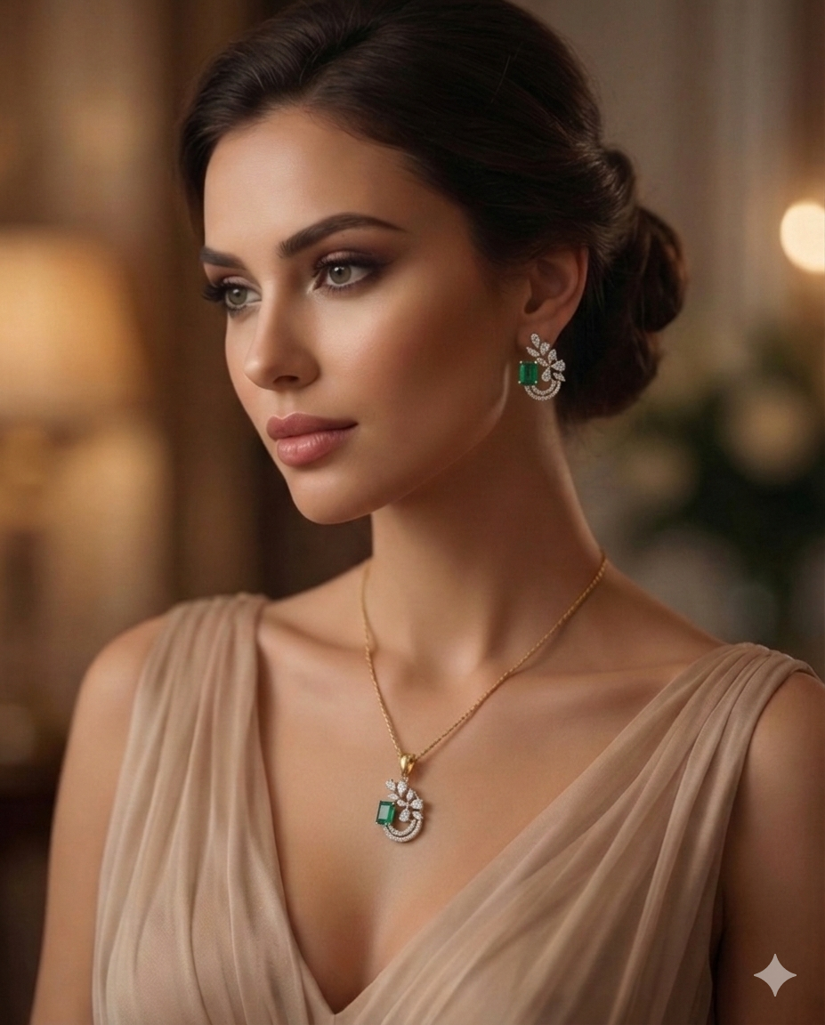 SST 506 | EMERALD AND DIAMOND FLORAL PENDANT SET