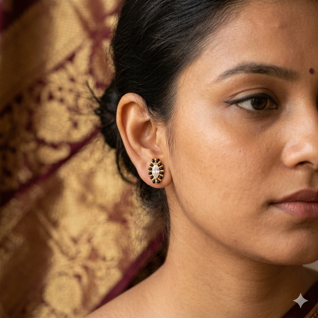 SST 374 | STUNNING MARQUISE STUD BLACK BEAD EARRINGS