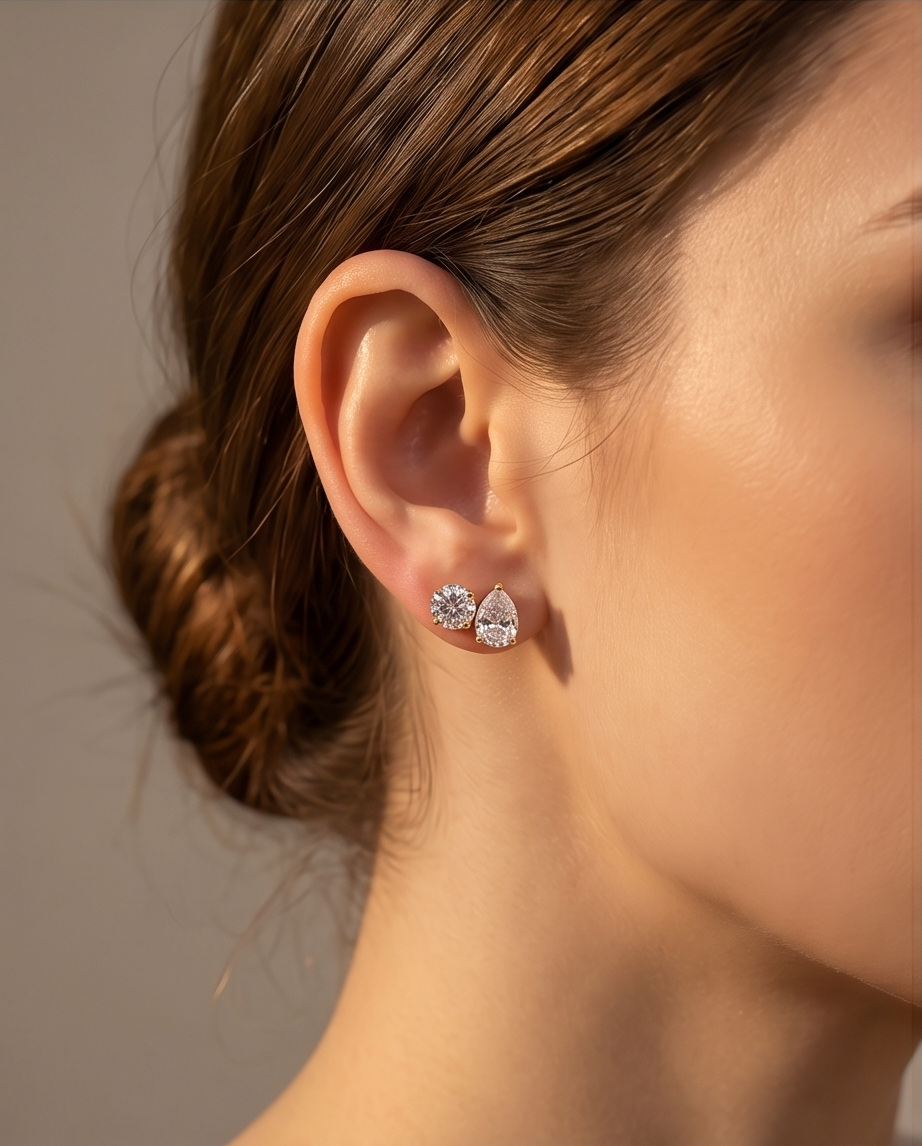 SST 605 | TIMELESS PEAR AND ROUND CUT DIAMOND STUD EARRINGS