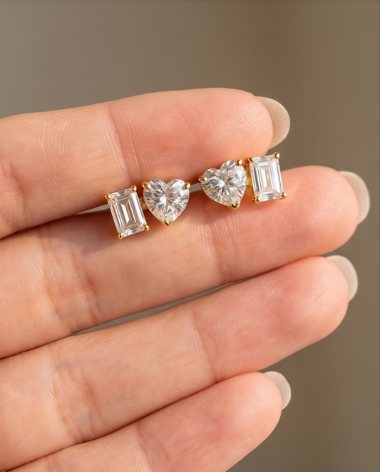 SST 432 | HEART AND EMERALD CUT STUD EARRINGS