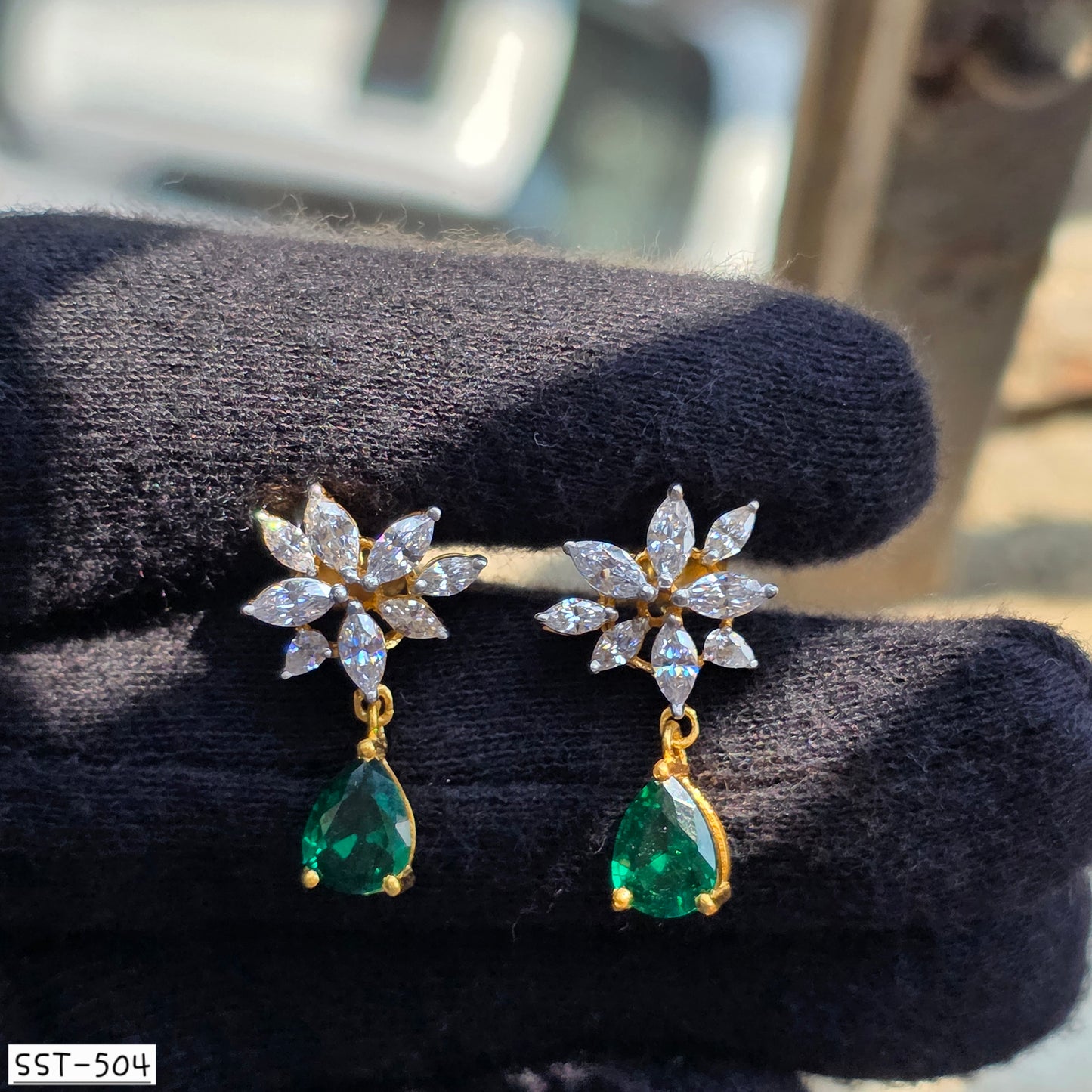 SST 504 | EMERALD DROP EARRINGS WITH FLORAL STONES