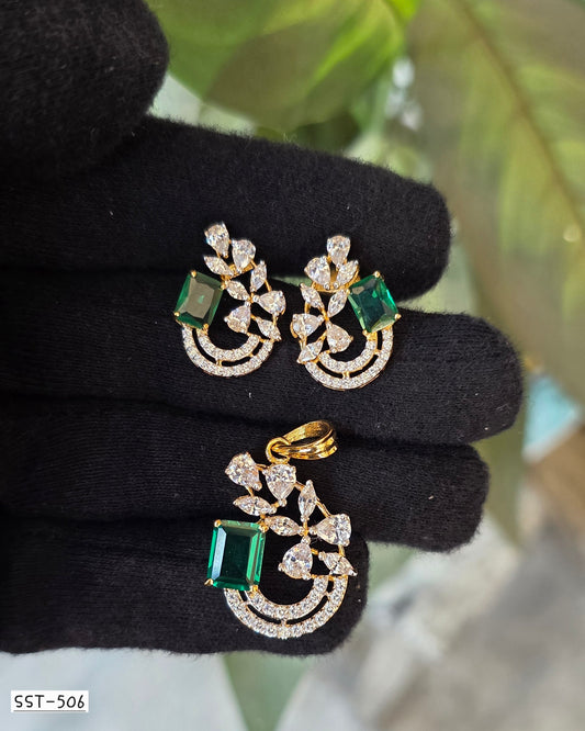 SST 506 | EMERALD AND DIAMOND FLORAL PENDANT SET