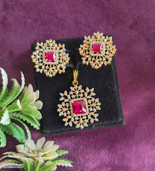 SST 486 RED | ELEGANT GEMSTONE PENDENT AND EARRINGS SET