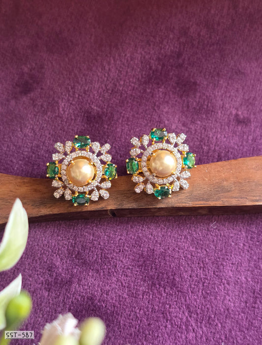 SST 587 | EMERALD & PEARL HALO STATEMENT STUD EARRINGS