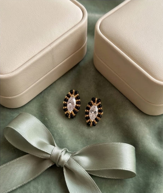 SST 374 | STUNNING MARQUISE STUD BLACK BEAD EARRINGS