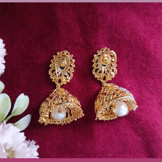 SST 466 | EMERALD CZ JHUMKA EARRINGS WITH PEARL DETAIL