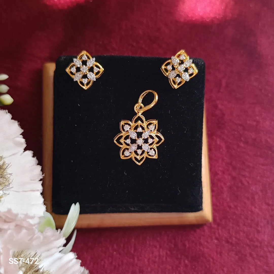 SST 472 | CZ FLORAL PENDANT END EARRINGS SET - ELEGANT MINIMALIST DESIGN