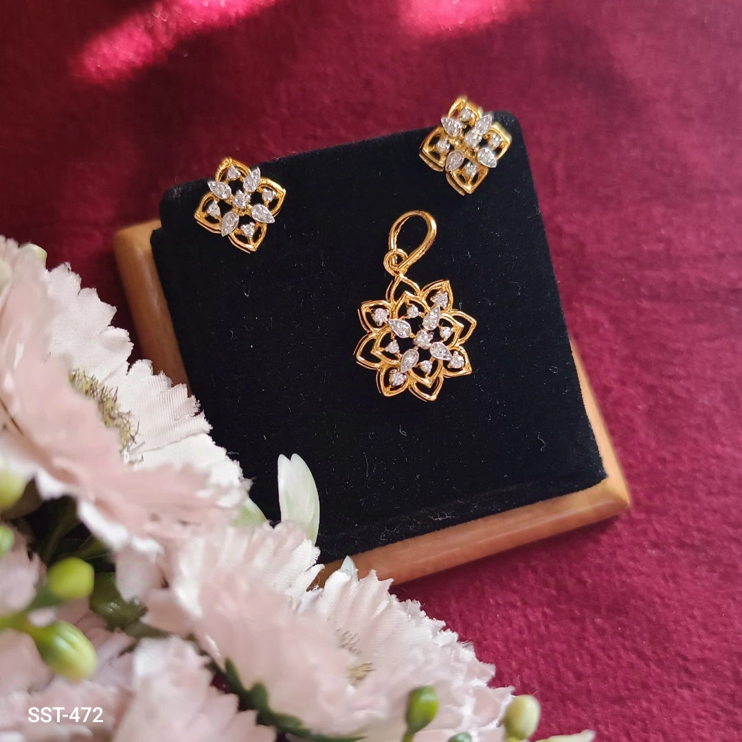 SST 472 | CZ FLORAL PENDANT END EARRINGS SET - ELEGANT MINIMALIST DESIGN
