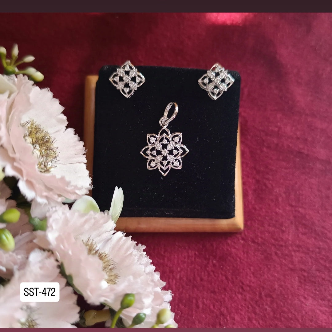 SST 472 | CZ FLORAL PENDANT END EARRINGS SET - ELEGANT MINIMALIST DESIGN