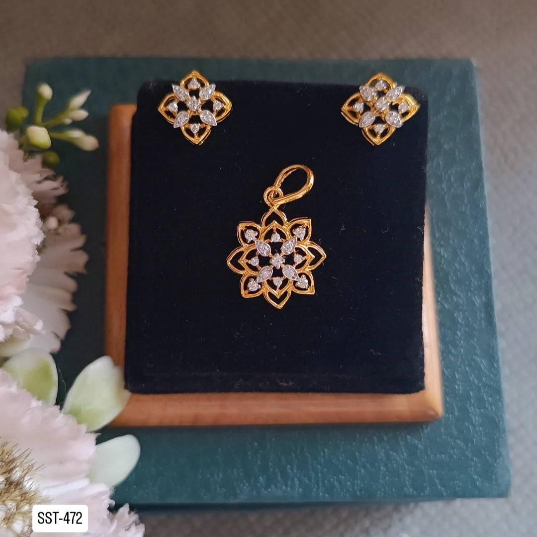 SST 472 | CZ FLORAL PENDANT END EARRINGS SET - ELEGANT MINIMALIST DESIGN