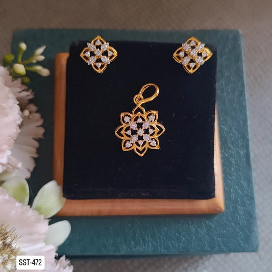 SST 472 | CZ FLORAL PENDANT END EARRINGS SET - ELEGANT MINIMALIST DESIGN