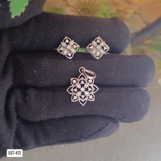 SST 472 | CZ FLORAL PENDANT END EARRINGS SET - ELEGANT MINIMALIST DESIGN