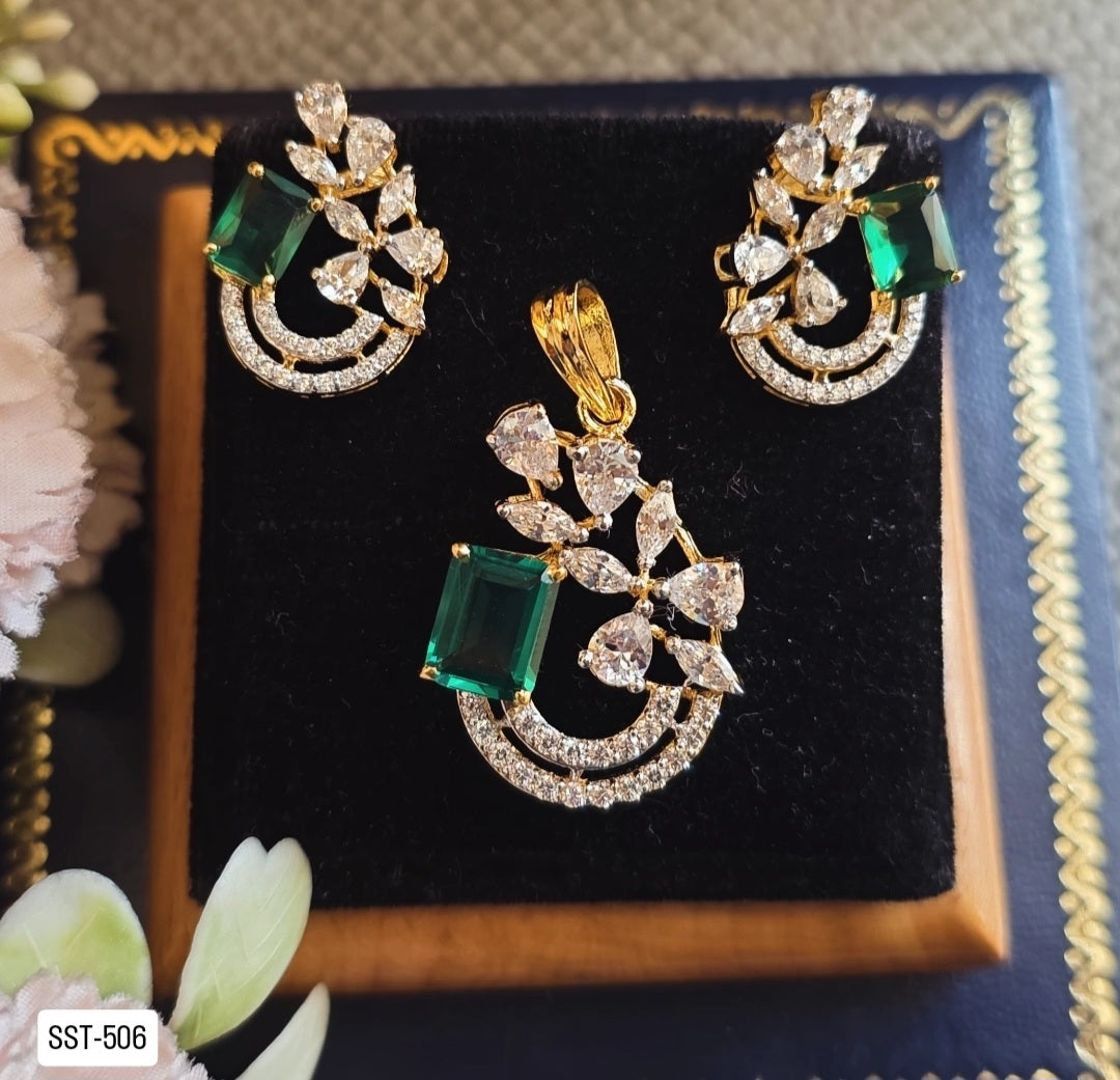 SST 506 | EMERALD AND DIAMOND FLORAL PENDANT SET