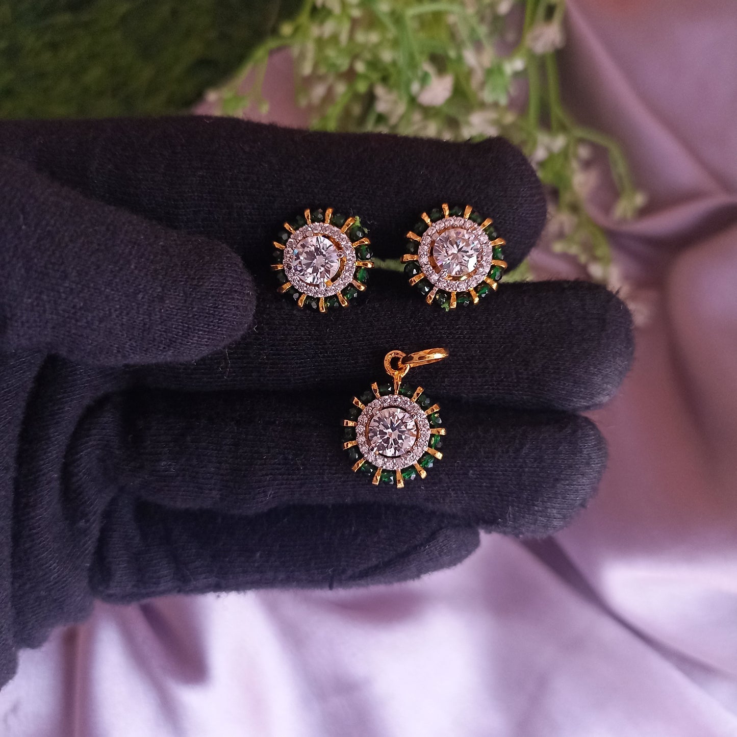 SST 172A | RADIANT STUD EARRINGS AND PENDANT SET WITH CUBIC ZIRCONIA AND GREEN ACCENTS