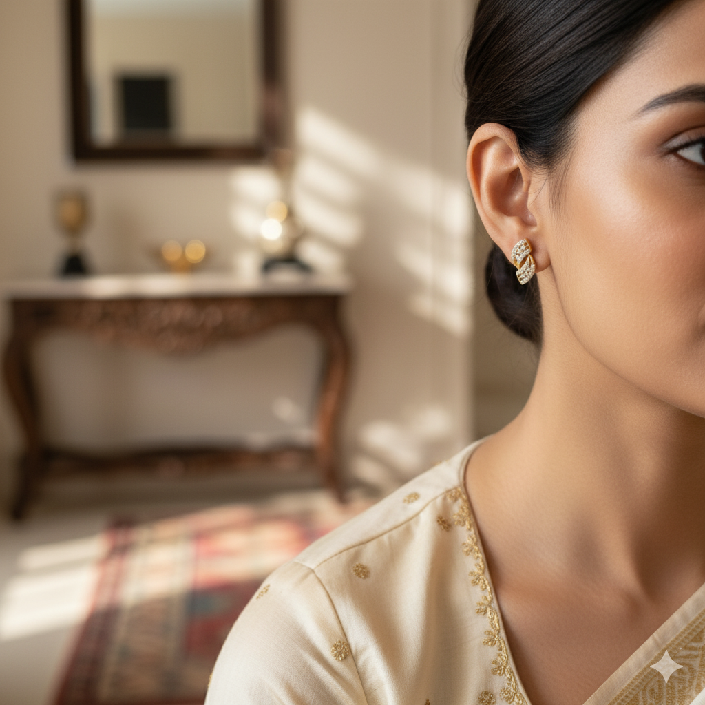 SST 503 | TWISTED LEAF STUD EARRINGS WITH DAZZLING STONES