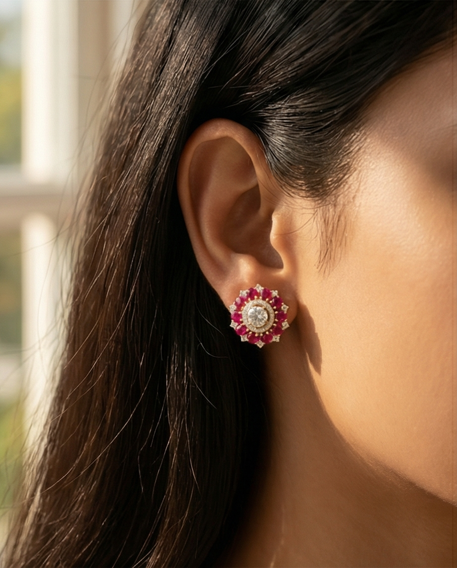 SST 590 | RADIANT RUBY HALO STATEMENT STUD EARRINGS