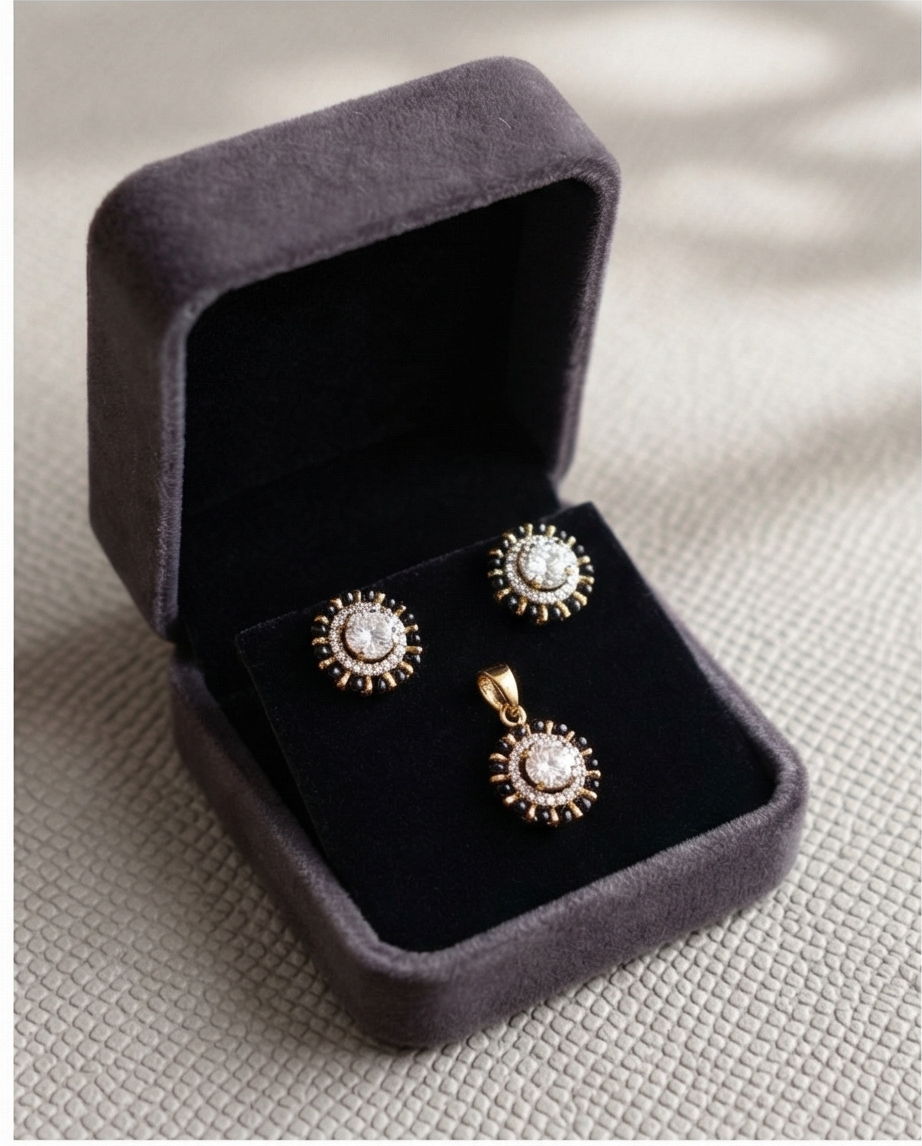 SST 172A | RADIANT STUD EARRINGS AND PENDANT SET WITH CUBIC ZIRCONIA AND GREEN ACCENTS