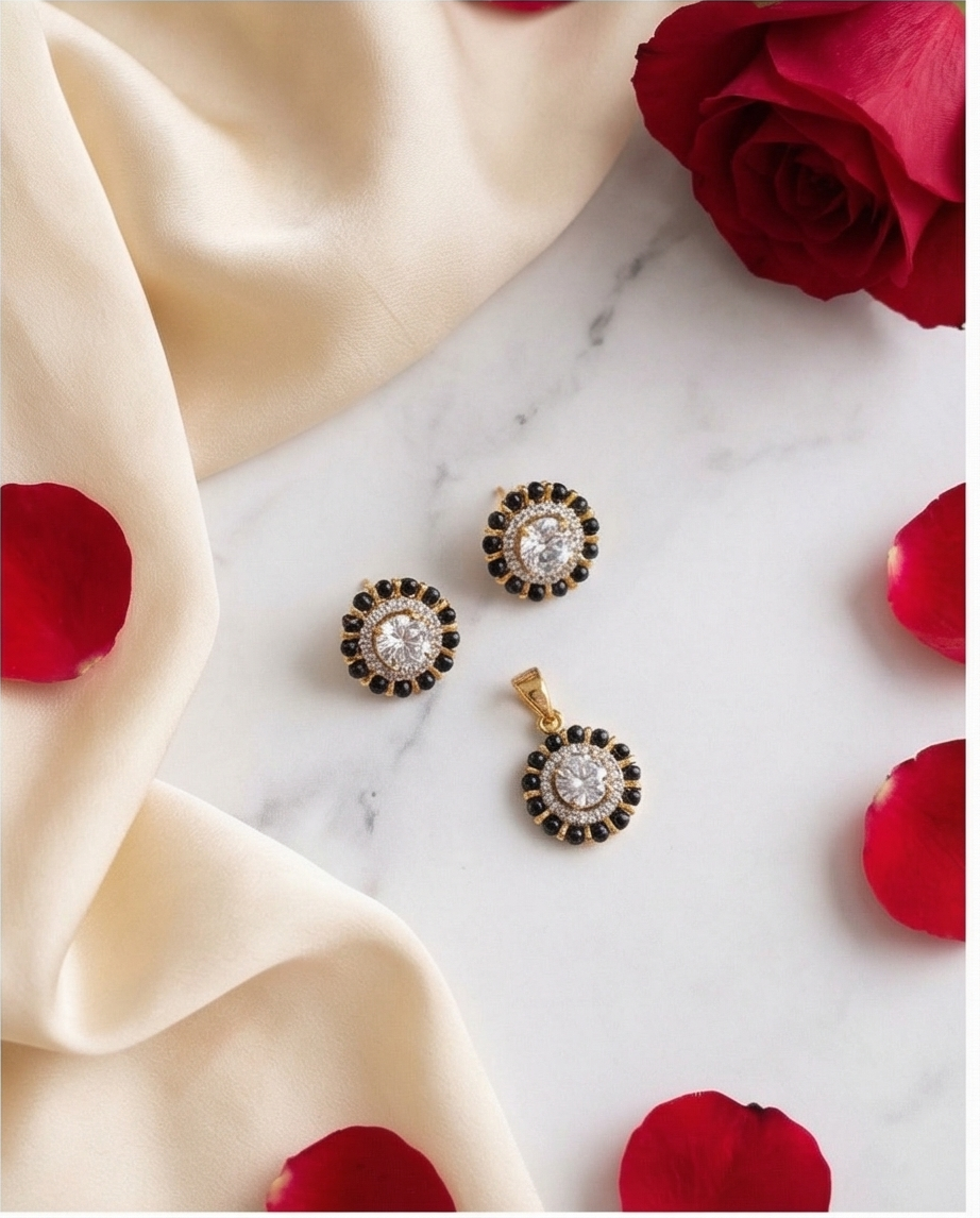 SST 172A | RADIANT STUD EARRINGS AND PENDANT SET WITH CUBIC ZIRCONIA AND GREEN ACCENTS