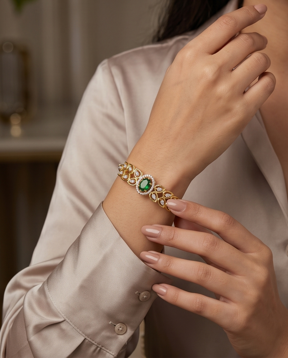 SST 609 | EMERALD HALO LEAF MOTIF STATEMENT BRACELET