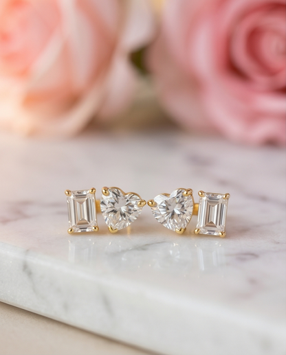 SST 432 | HEART AND EMERALD CUT STUD EARRINGS