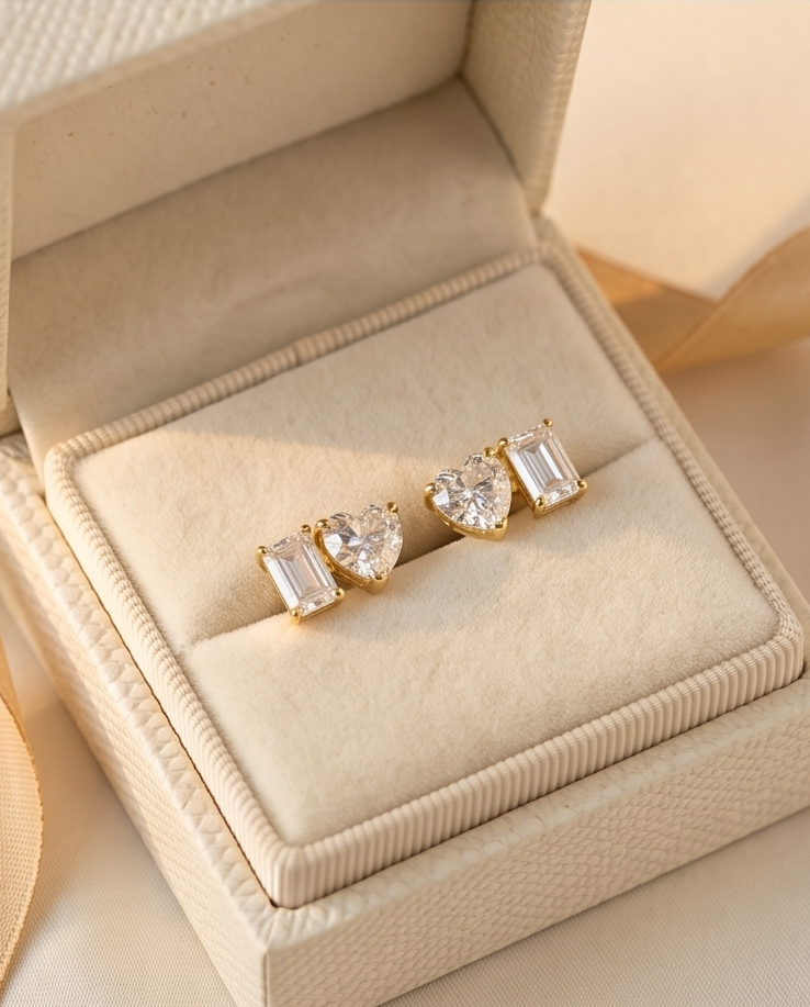 SST 432 | HEART AND EMERALD CUT STUD EARRINGS