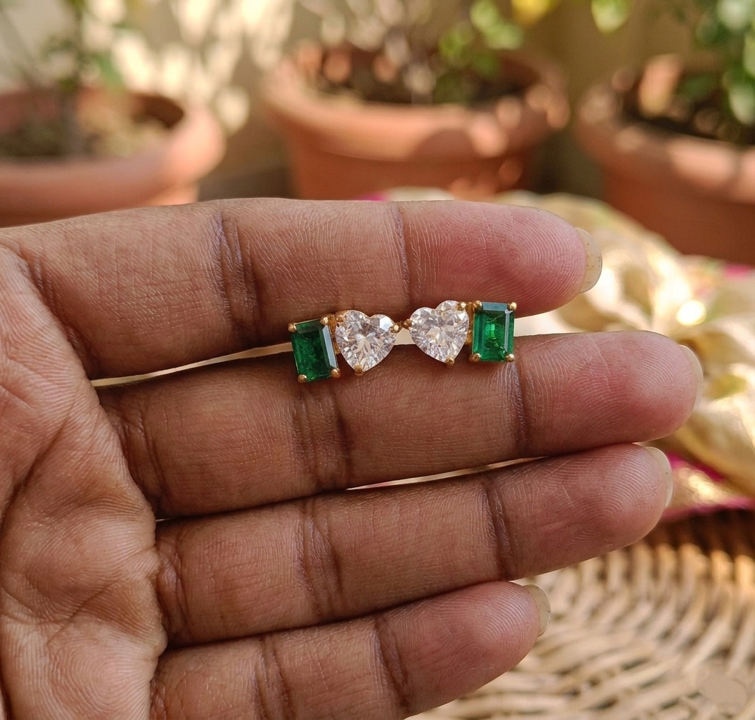 SST 432G | HEART AND EMERALD CUT STUD EARRINGS