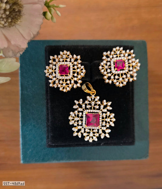 SST 486 RED | ELEGANT GEMSTONE PENDENT AND EARRINGS SET