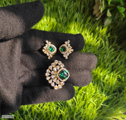 SST 578 | EMERALD GREEN STATEMENT JEWELRY SET WITH DIAMOND HALO