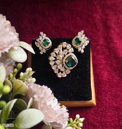 SST 578 | EMERALD GREEN STATEMENT JEWELRY SET WITH DIAMOND HALO