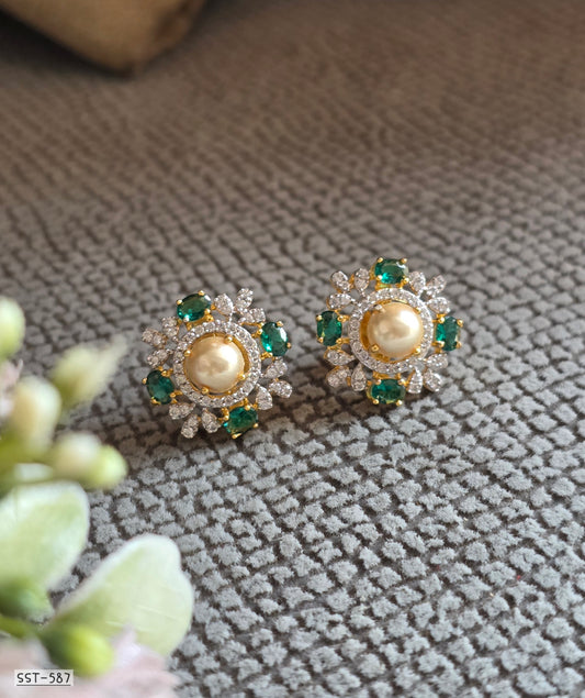 SST 587 | EMERALD & PEARL HALO STATEMENT STUD EARRINGS