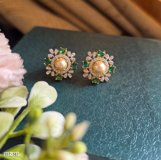 SST 587 | EMERALD & PEARL HALO STATEMENT STUD EARRINGS
