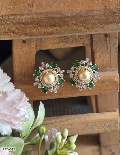 SST 587 | EMERALD & PEARL HALO STATEMENT STUD EARRINGS