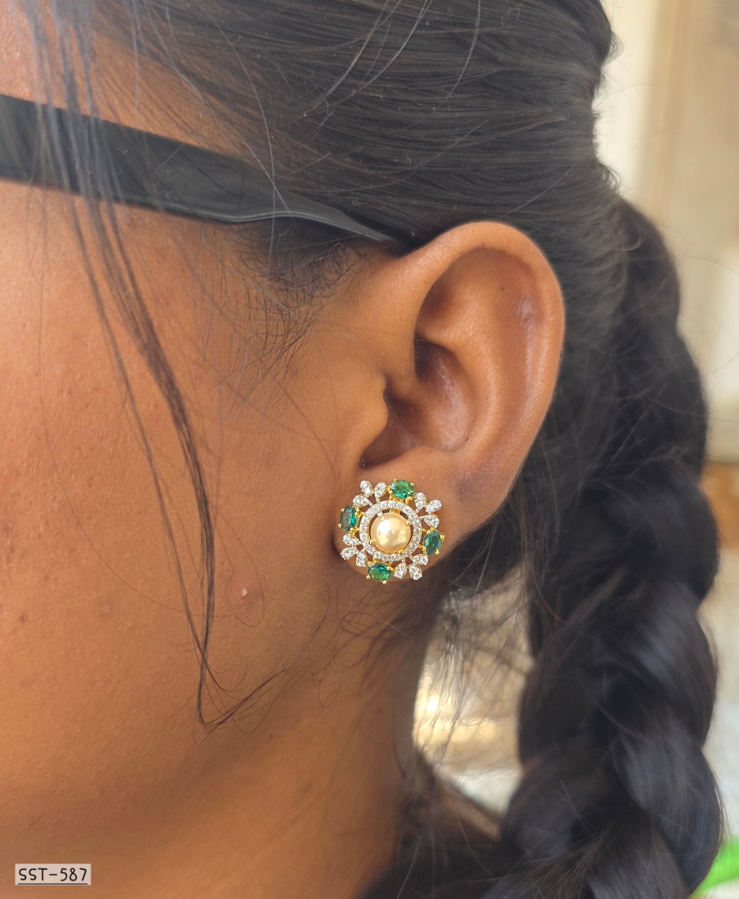 SST 587 | EMERALD & PEARL HALO STATEMENT STUD EARRINGS