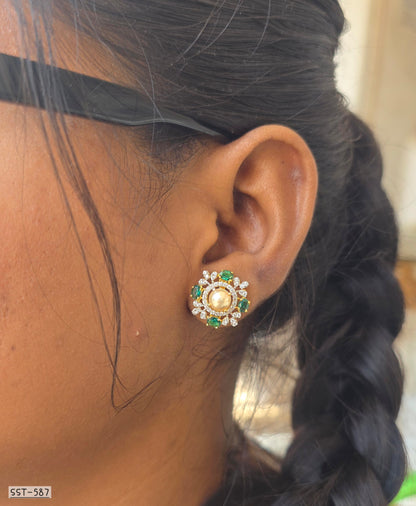 SST 587 | EMERALD & PEARL HALO STATEMENT STUD EARRINGS