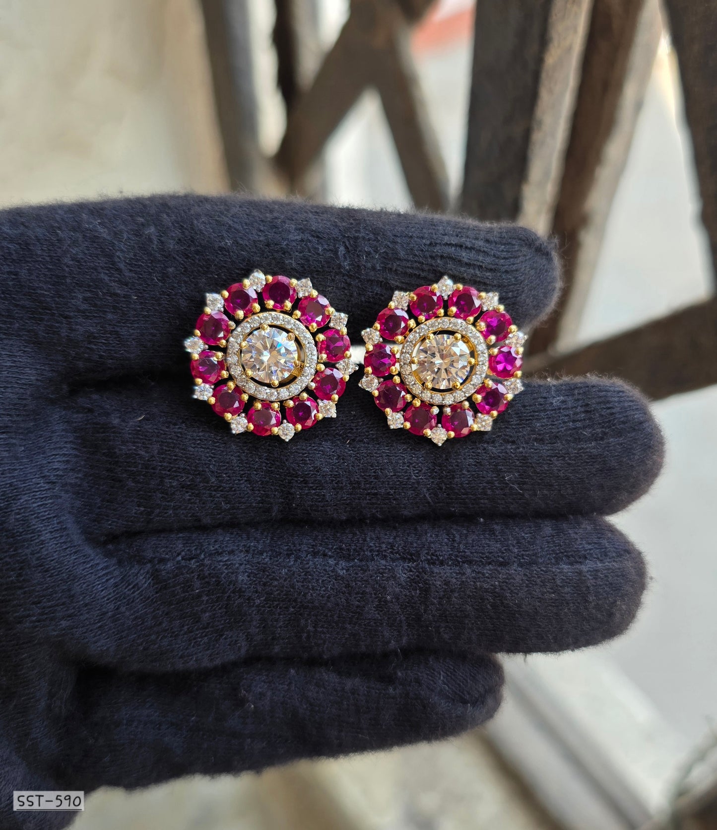 SST 590 | RADIANT RUBY HALO STATEMENT STUD EARRINGS