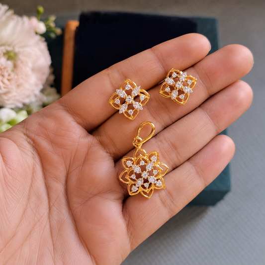 SST 472 |  CZ FLORAL PENDANT END EARRINGS SET - ELEGANT MINIMALIST DESIGN