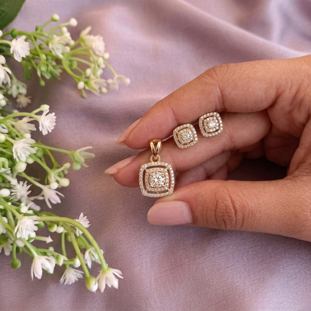 SST 014 | SQUARE HALO PENDANT & EARRINGS SET
