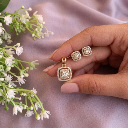 SST 014 | SQUARE HALO PENDANT & EARRINGS SET