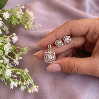 SST 014 | SQUARE HALO PENDANT & EARRINGS SET
