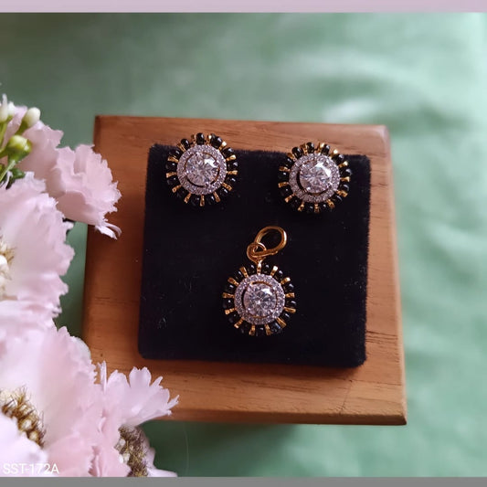 SST 172A | RADIANT STUD EARRINGS AND PENDANT SET WITH CUBIC ZIRCONIA AND GREEN ACCENTS
