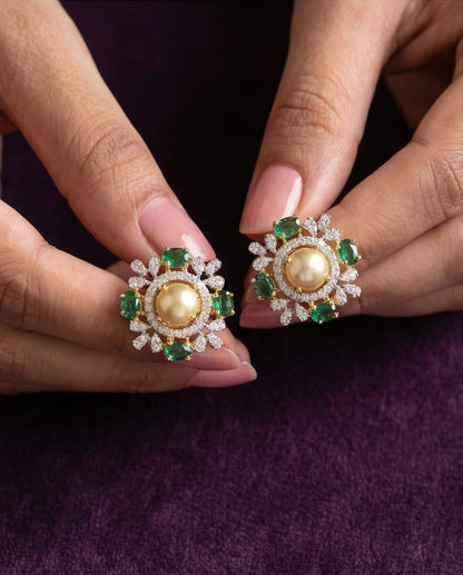SST 587 | EMERALD & PEARL HALO STATEMENT STUD EARRINGS
