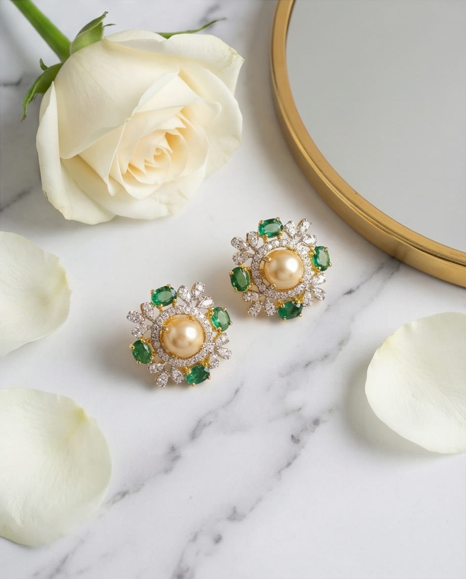 SST 587 | EMERALD & PEARL HALO STATEMENT STUD EARRINGS
