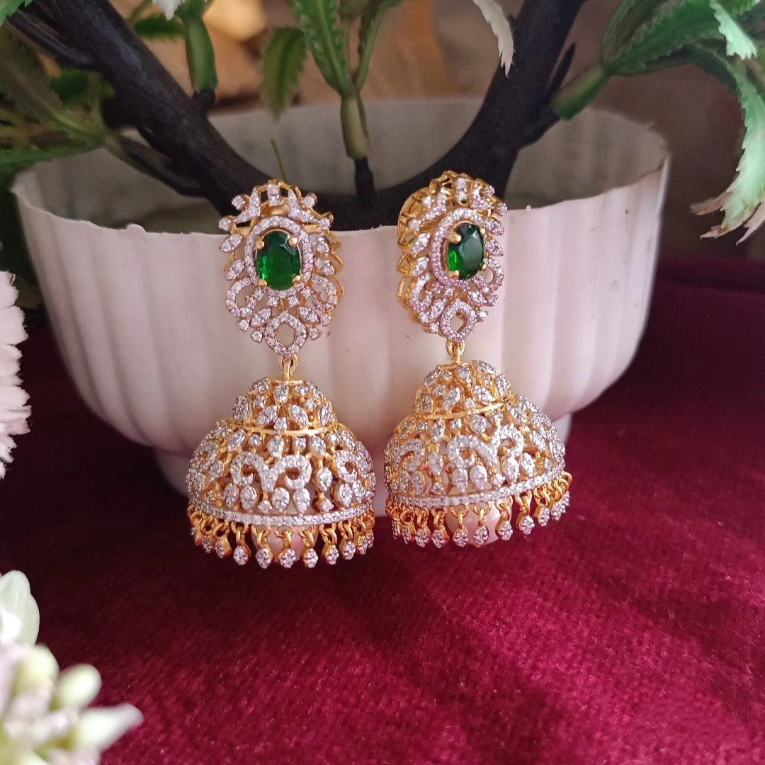 SST 466 | EMERALD CZ JHUMKA EARRINGS WITH PEARL DETAIL