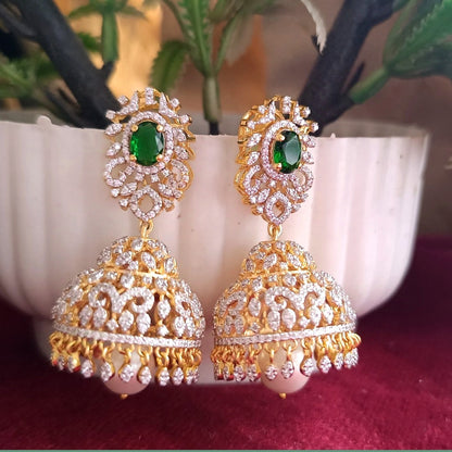 SST 466 | EMERALD CZ JHUMKA EARRINGS WITH PEARL DETAIL