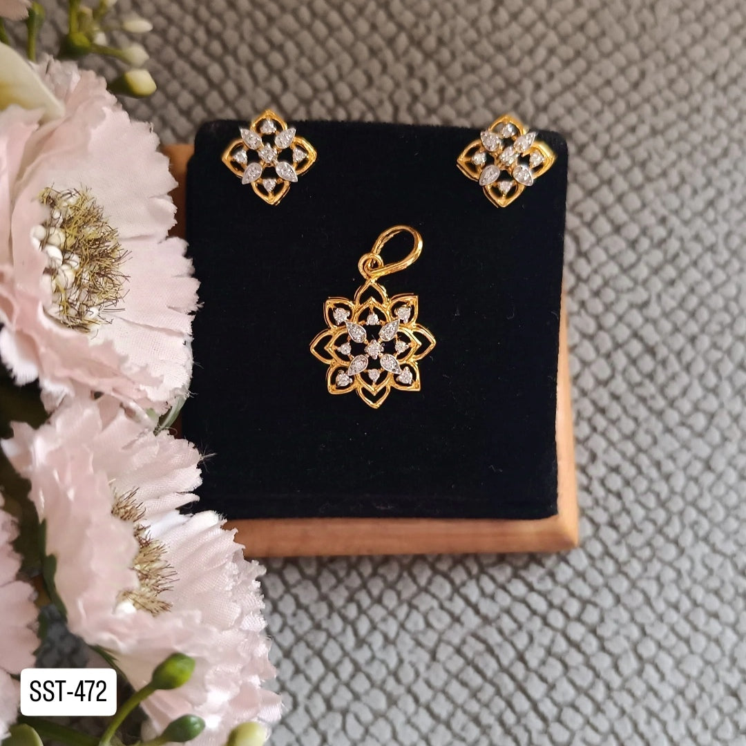 SST 472 |  CZ FLORAL PENDANT END EARRINGS SET - ELEGANT MINIMALIST DESIGN
