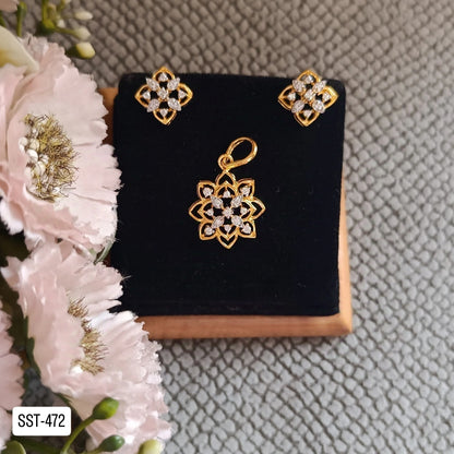 SST 472 |  CZ FLORAL PENDANT END EARRINGS SET - ELEGANT MINIMALIST DESIGN