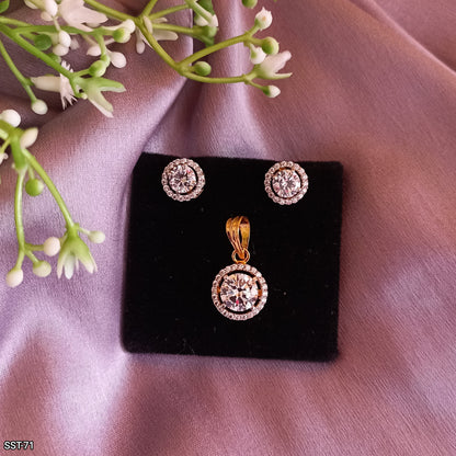 SST 071 | ROUND HALO DIAMOND PENDANT & EARRINGS SET