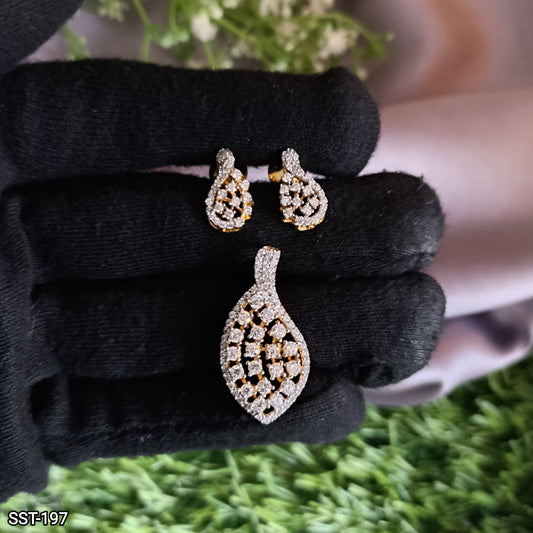 SST 197 | LEAF-SHAPED DIAMOND STUDDED PENDANT & EARRINGS SET